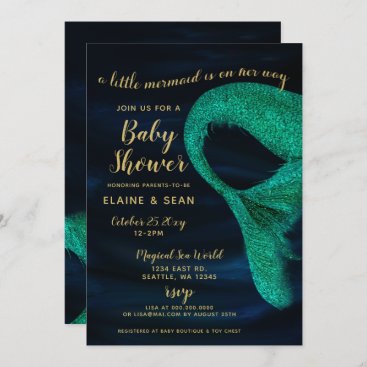 Blue Gold Sparkle Mermaid Baby Shower Invitation