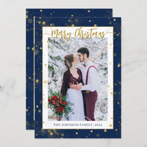 Blue Gold Sparkle Merry Christmas 2 Photo Holiday Card