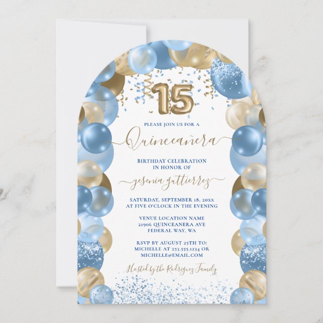 Blue Gold Sparkle Photo Quinceañera Balloon Invitation (Front)