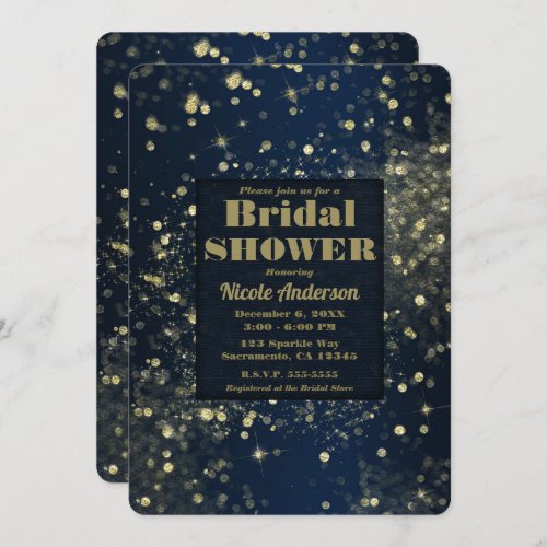 Blue  Gold Sparkling Lights Glam Bridal Shower Invitation