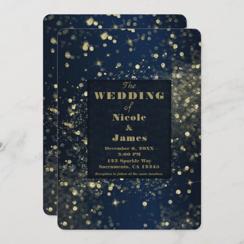 Blue  Gold Sparkling Lights Glam Chic Wedding Invitation