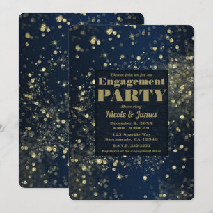 Blue & Gold Sparkling Lights Glam Engagement Invitation