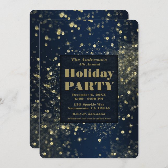 Blue & Gold Sparkling Lights Glam Holiday Party Invitation (Front/Back)