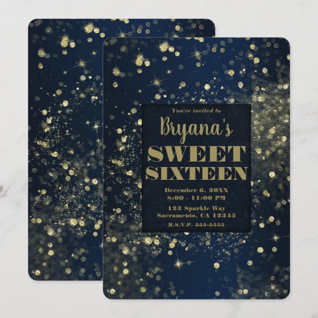 Blue & Gold Sparkling Lights Glam Sweet 16 Party Invitation (Front/Back)