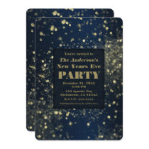 Blue Gold Sparkling Lights New Years Eve Party Invitation