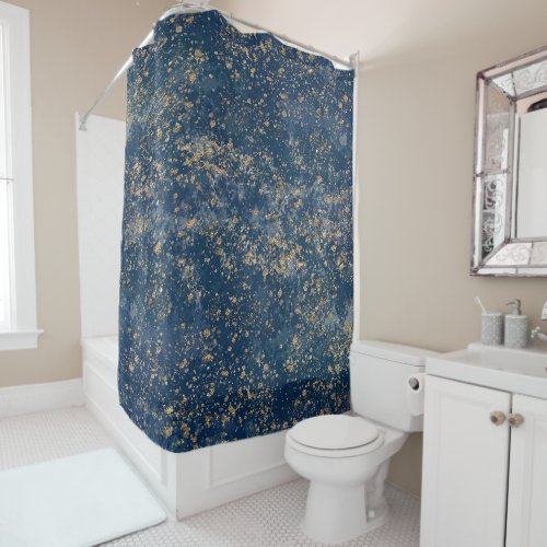 Blue  Gold Splatter Glam Modern Shower Curtain