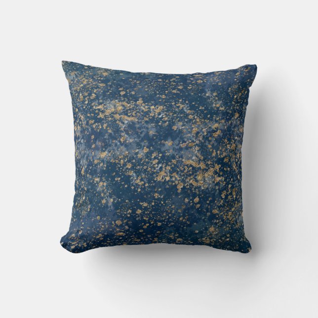 Blue & Gold Splatter Glam Modern Throw Pillow (Front)