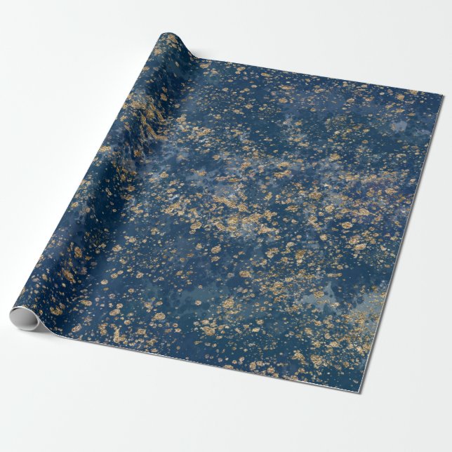 Blue & Gold Splatter Glam Modern Wrapping Paper (Unrolled)