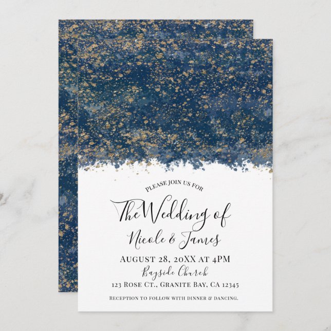 Blue Gold Splatter Modern Glam Wedding Marriage Invitation (Front/Back)