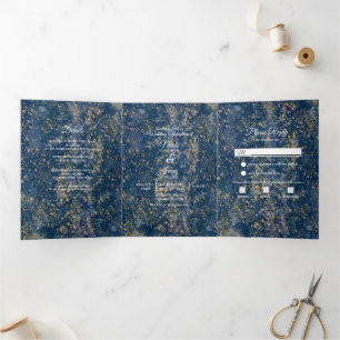 Blue Gold Splatter Modern Trifold Wedding Program