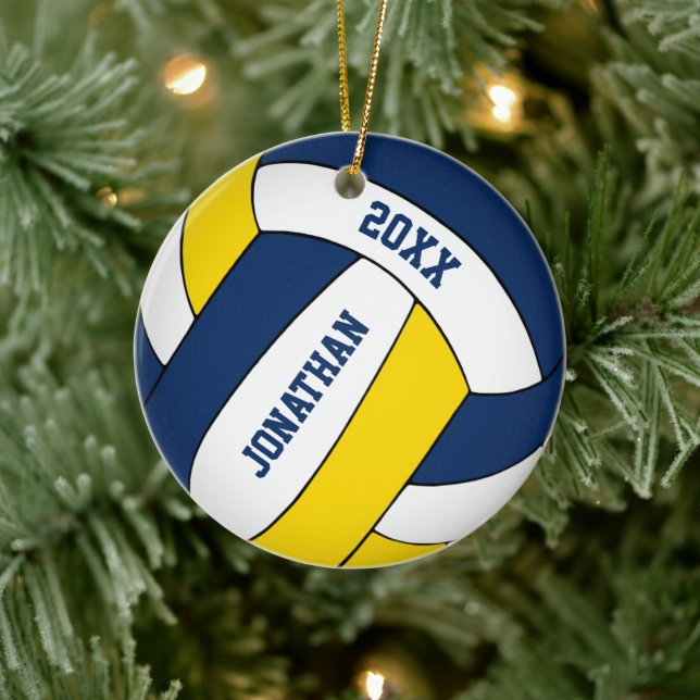 blue gold sports team colors boys volleyball ceramic ornament (Tree)
