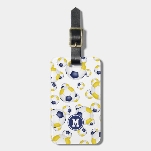 blue gold sports team colors soccer balls pattern luggage tag