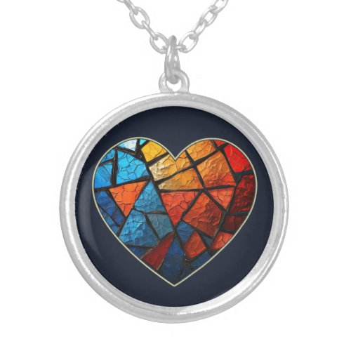 Blue Gold Stained Glass Heart Silver Plated Necklace