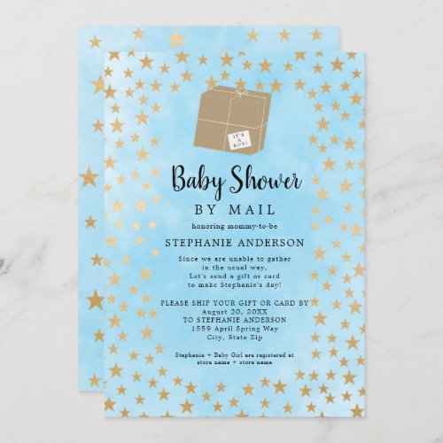 Blue Gold Star Boy Baby Shower by mail Invitation