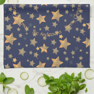 Blue Gold Star Elegant Festive Vintage Christmas Kitchen Towel