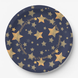 Blue Gold Star Elegant Vintage Merry Christmas Paper Plates