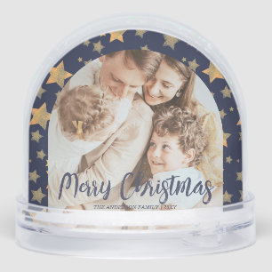 Blue Gold Star Family Photo Merry Christmas Snow Globe