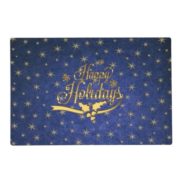 Blue Gold Star Happy Holidays Place Mat (Front)