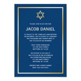 Blue Gold Star of David Bar Mitzvah Invitations