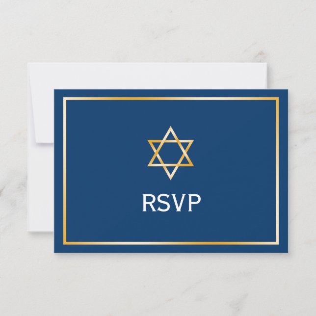 Blue Gold Star of David Bar Mitzvah RSVP Card (Front)