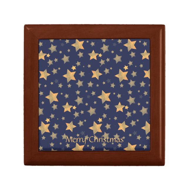 Blue Gold Star Pattern Elegant Vintage Christmas Gift Box (Front)
