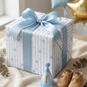 Blue Gold Star Stripe Boy First Birthday Wrapping Paper