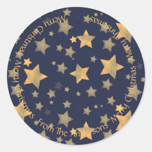 Blue Gold Star Typography Vintage Merry Christmas Classic Round Sticker