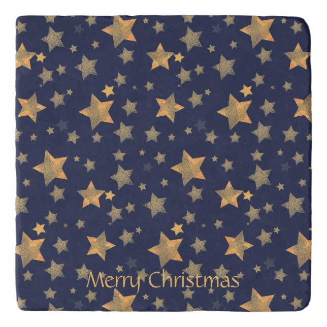 Blue Gold Star Winter Elegant Vintage Christmas Trivet (Front)