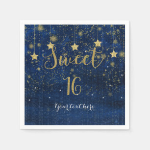 Blue & Gold Starry Celestial Sky Sweet 16 Party Paper Napkins