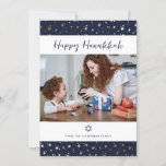 Blue Gold Starry Happy Hanukkah Photo Card<br><div class="desc">Easily personalize this elegant and festive blue and gold Hanukkah photo card featuring a blue background accented with golden stars.</div>