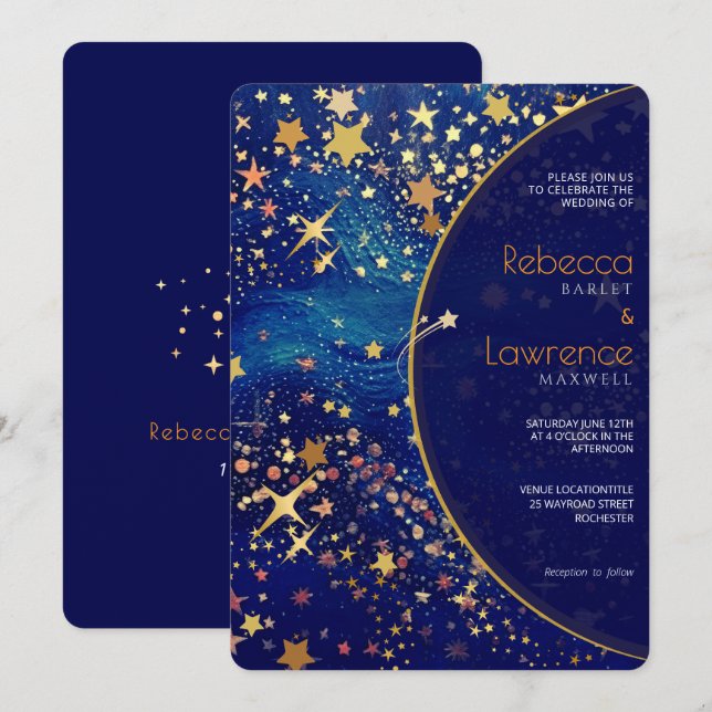 Blue gold starry night celestial magical wedding invitation (Front/Back)