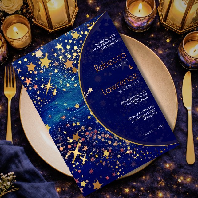 Blue gold starry night celestial magical wedding invitation (Creator Uploaded)