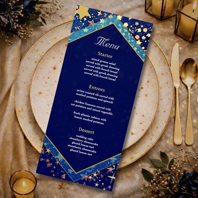 Blue gold starry night celestial magical wedding menu (Creator Uploaded)