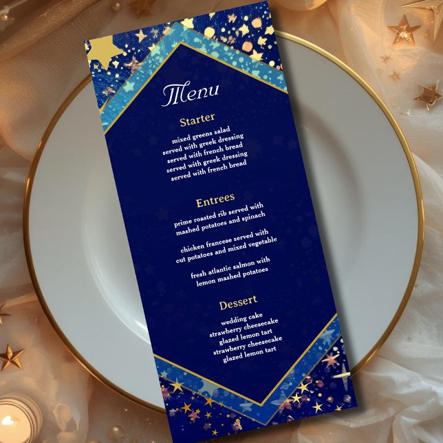 Blue gold starry night celestial magical wedding menu (Creator Uploaded)