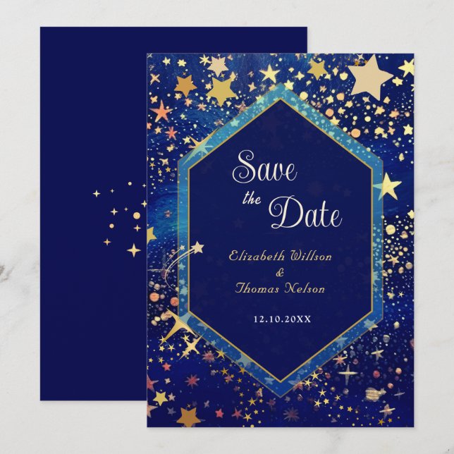 Blue gold starry night celestial magical wedding save the date (Front/Back)