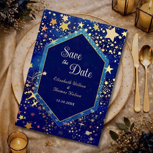 Blue gold starry night celestial magical wedding save the date (Creator Uploaded)
