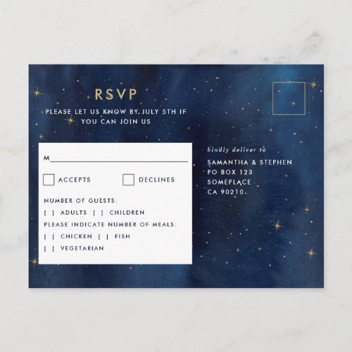 Blue  Gold Starry Night Sky Wedding RSVP Postcard