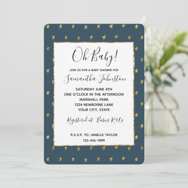 Blue Gold Stars Baby Shower Invitation (Standing Front)