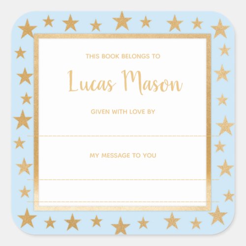 Blue gold stars boy baby shower bookplate