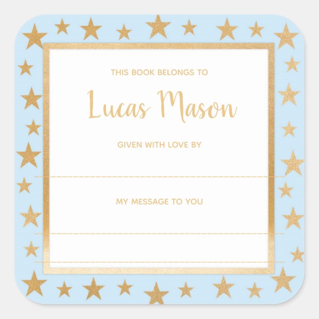 Blue gold stars boy baby shower bookplate (Front)