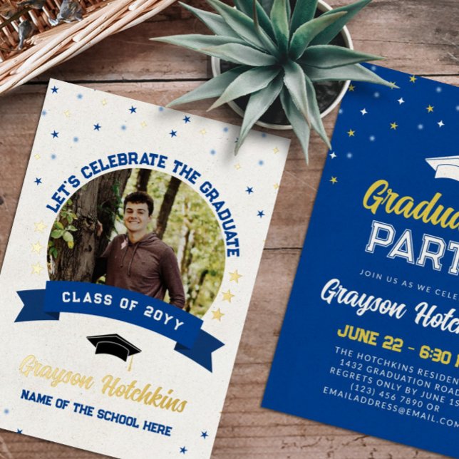 Blue Gold Stars Celebrate the Graduate Photo Foil Invitation (Creator Uploaded)