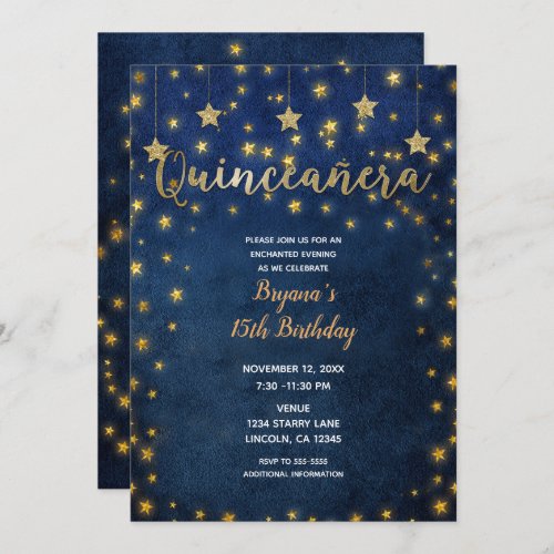 Blue  Gold Stars Celestial Sky Quinceaera Party Invitation