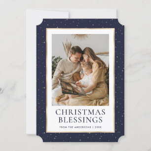 Blue Gold Stars Christmas Blessings Photo Holiday Card