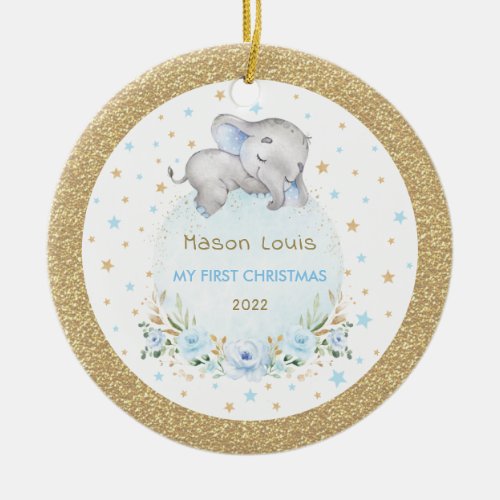 Blue Gold Stars Elephant Baby First 1st Christmas Ceramic Ornament