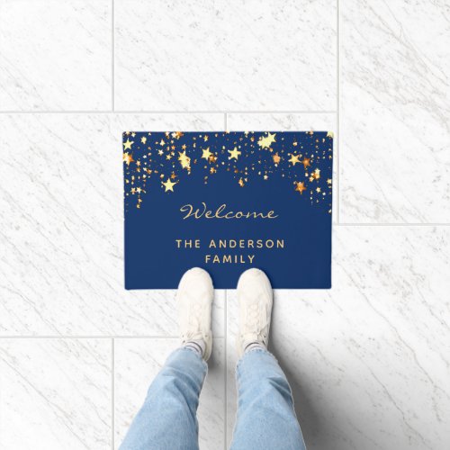Blue gold stars family name welcome doormat