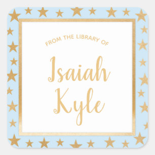 Blue gold stars library name bookplate