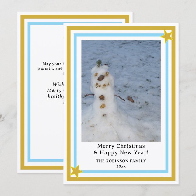 Blue Gold Stars Little Snowman INSERT PHOTO Holiday Card (Front/Back)
