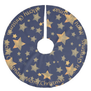 Blue Gold Stars Pattern Elegant Merry Christmas Brushed Polyester Tree Skirt