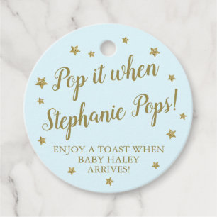 Blue & Gold Stars Pop It Baby Shower Champagne Favor Tags