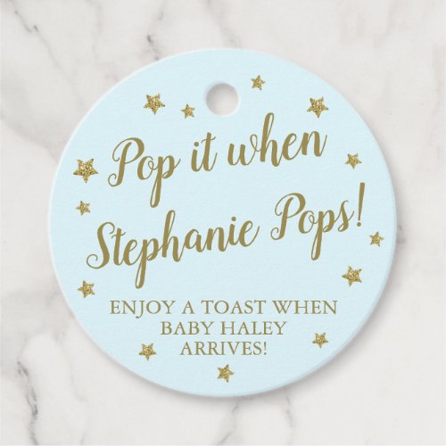 Blue  Gold Stars Pop It Baby Shower Champagne Favor Tags